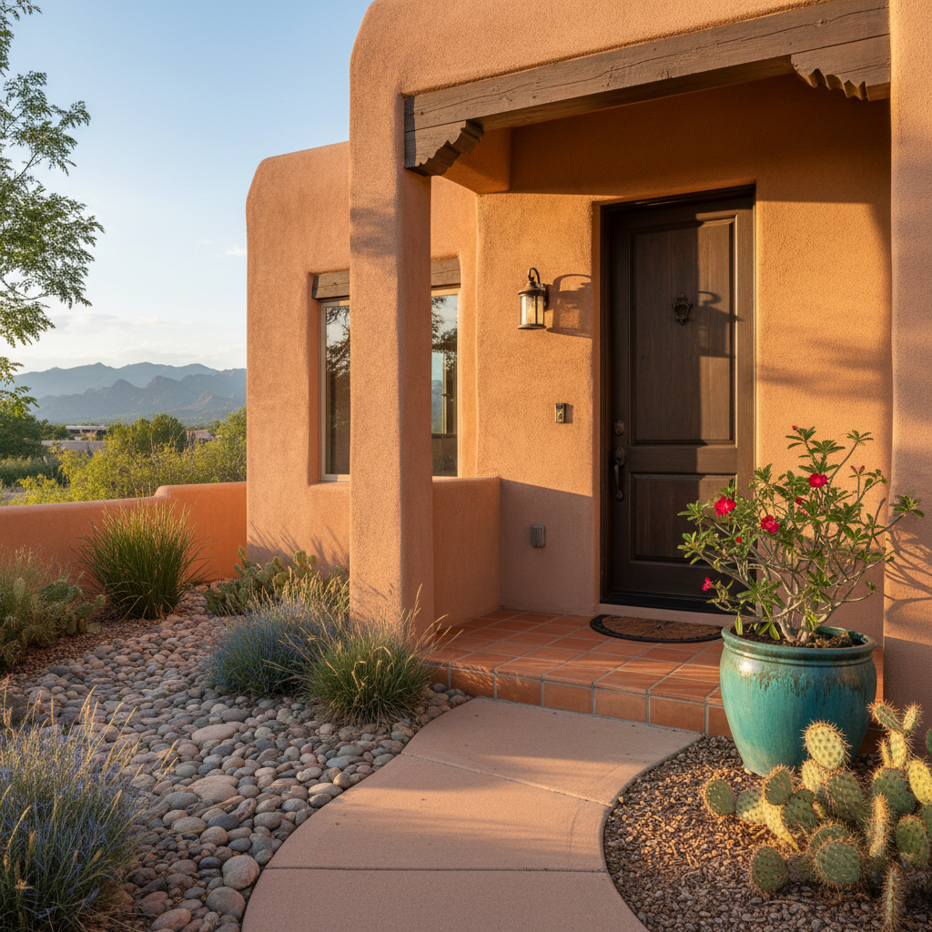 A sunlit front porch of a well-maintained Southwestern-style home in New Mexico, emphasizing immaculate curb appeal. The adobe-textured exterior in warm sand tones frames a dark wooden front door, freshly painted and flawless, with polished metal hardware. A perfectly swept terracotta-tiled stoop leads to lush xeriscaping: smooth river rocks, native grasses, and a blooming desert plant in a ceramic pot. Golden hour sunlight bathes the scene, creating soft, elongated shadows and warm highlights on the stucco texture. Captured at a slightly wide, eye-level angle, the entire entryway is in sharp focus, with distant mountains faintly visible in the blurred background. The mood is inviting, orderly, and professional, using photographic realism to suggest high-quality home services that enhance property appearance across New Mexico.