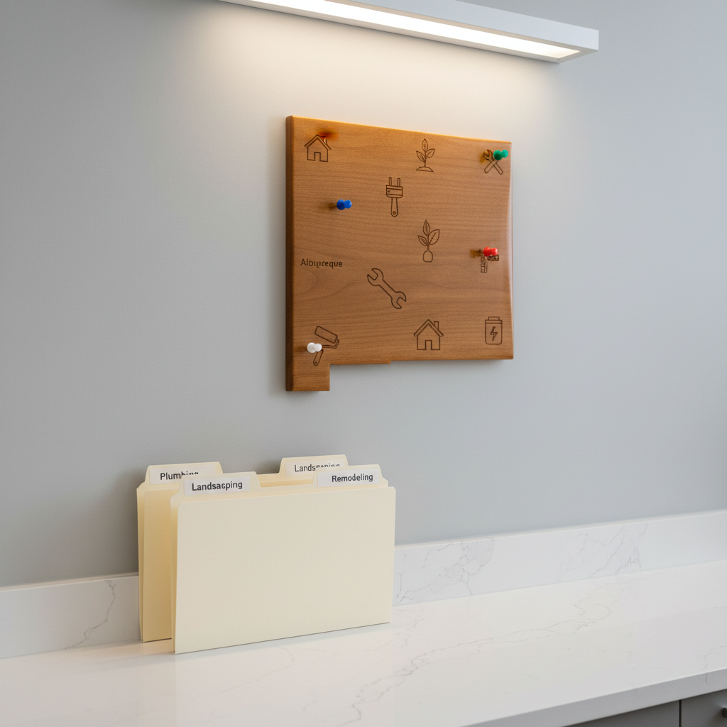 A detailed New Mexico-shaped wooden wall plaque mounted on a smooth, light gray office wall, its surface engraved with tiny icons representing different home services: a house roof, wrench, paint roller, leaf for landscaping, and a plug for electrical work. Small, tasteful colored pins mark key cities like Albuquerque, Santa Fe, and Las Cruces. Below, a sleek white quartz counter holds organized folders labeled “Plumbing,” “Landscaping,” and “Remodeling.” Soft studio lighting from above and one side casts precise, professional shadows and a subtle glow on the engraved map. Shot from a slightly elevated angle with sharp focus throughout, the composition feels orderly, informative, and authoritative, in a photographic realistic style that supports a professional business directory brand.
