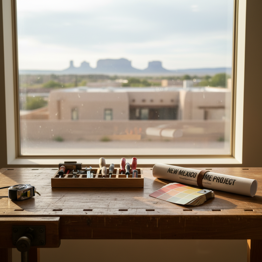 A clean, well-organized home services workspace themed around New Mexico, featuring a sturdy wooden workbench with neatly arranged tools, paint swatches, and a rolled blueprint labeled “New Mexico Home Project.” The bench sits near a large window that reveals a soft-focus hint of adobe-style buildings and distant desert mesas. Warm, diffused afternoon sunlight spills across the surface, creating gentle highlights on metallic tool edges and subtle shadows along the wood grain. Photographed at eye level with a moderate depth of field, the foreground elements are crisp while the background softly blurs. The atmosphere is professional, trustworthy, and efficient, with photographic realism and a clean, modern aesthetic suitable for a statewide business directory homepage.
