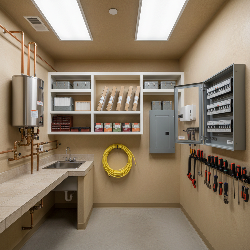 A meticulously organized utility room showcasing multiple home services in a single, cohesive New Mexico setting. On one side, a gleaming stainless steel water heater and labeled copper pipes represent plumbing; on another, a pristine electrical panel with neatly arranged breakers and clear labels symbolizes electrical work. Built-in white shelving holds paint cans, clean HVAC filters, and small toolboxes. The walls are painted a soft, warm beige reminiscent of Southwestern interiors. Overhead LED panel lighting casts bright, even illumination with minimal shadows, emphasizing cleanliness and professionalism. Photographed straight-on with a wide lens and sharp focus corner to corner, the composition feels highly functional and reassuringly orderly, rendered in photographic realism to communicate reliability and comprehensive home service coverage.
